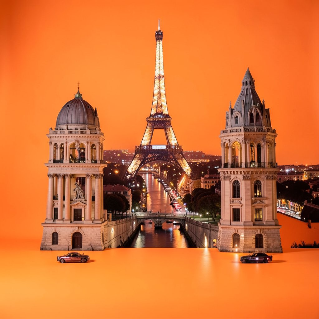 Nächtliche Stadtsilhouette von Buenos Aires in warmen Orangetönen mit dunklem, stimmungsvollem Himmel